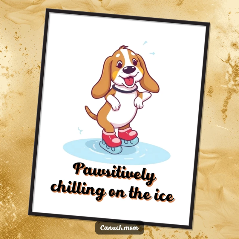 Funny Free Printable Wall Art: A Basset Hound wearing skates wobbles hilariously while trying to ice skate with determined effort.