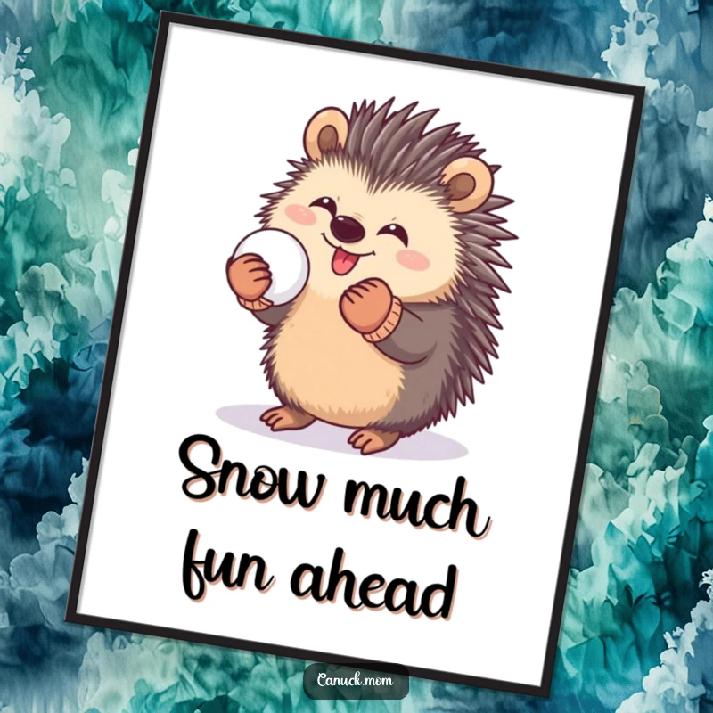 Funny Free Printable Wall Art: A happy porcupine wearing mittens playfully holds a snowball, radiating cheerful energy.