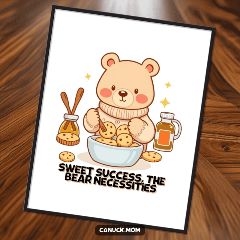 Funny Free Printable wall art of a bear in a cozy sweater baking maple syrup cookies, adding sweet charm to any room.