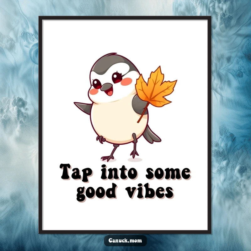 Funny Free Printable Chickadee Wall Art: A cheerful chickadee taps its foot impatiently under a vibrant maple leaf.