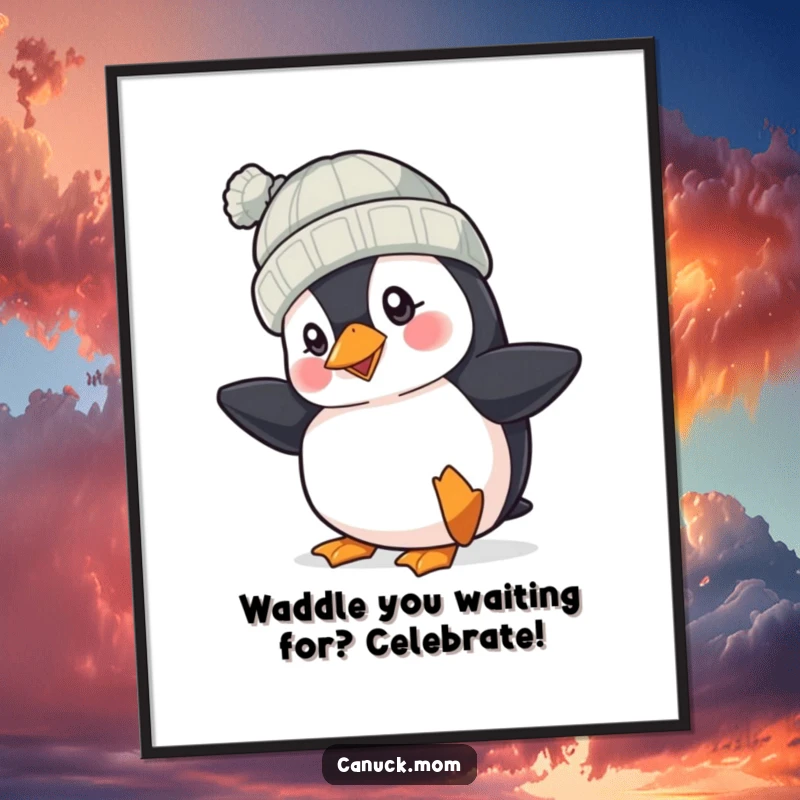 Funny Free Printable Wall Art: A cheerful puffin wearing a knit hat taps its foot energetically, adding charm.