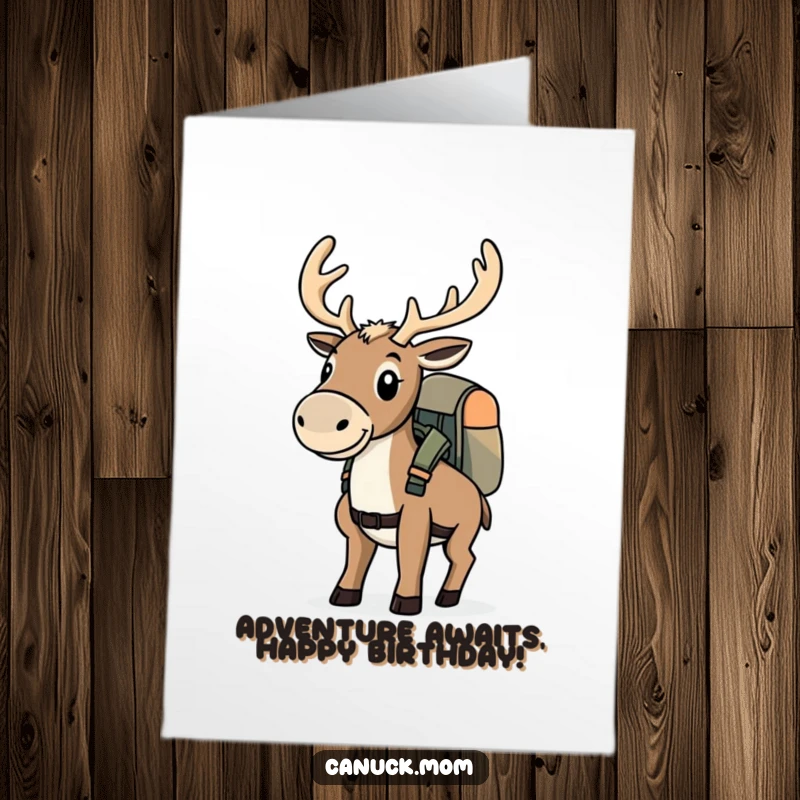 Funny Free Printable Caribou Birthday Card: A determined caribou with a backpack is ready for an adventurous birthday.