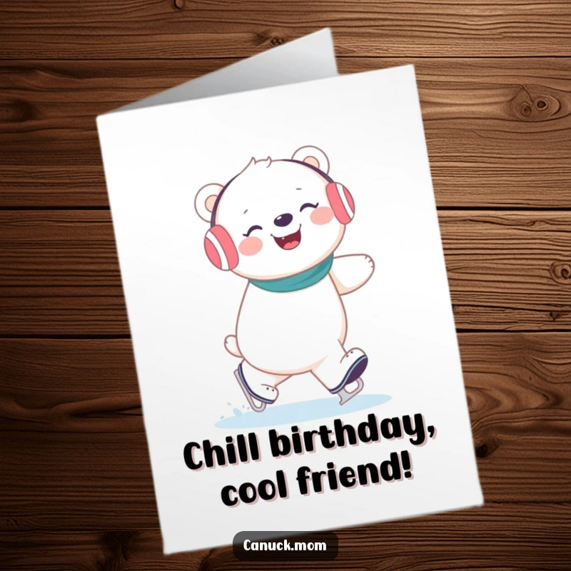 Funny Free Printable Birthday Card: Giggling polar bear in earmuffs joyfully ice skating with a huge smile.