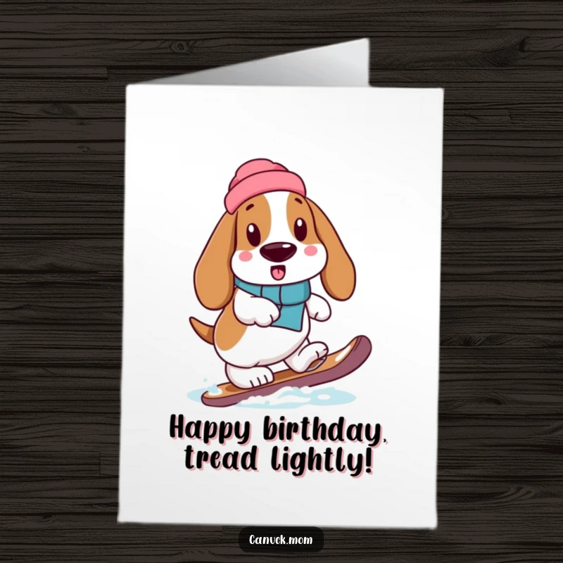 Funny Free Printable Birthday Card: Basset Hound Carefully Stepping with a Snowshoe, Winter Humor