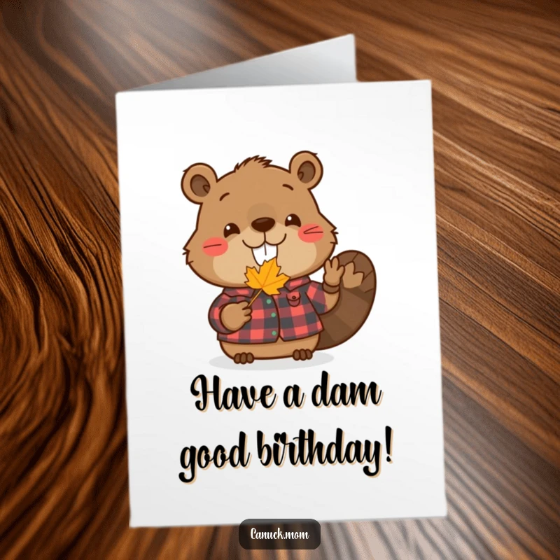 Funny Free Printable Birthday Card: A smiling beaver in a flannel shirt happily holds a small maple leaf, celebrating the occasion.