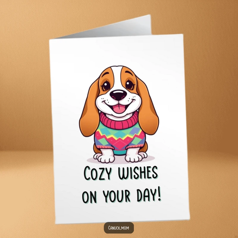 Free Printable Birthday Card: A smiling Basset hound in a colorful knitted sweater, radiating cozy birthday vibes.