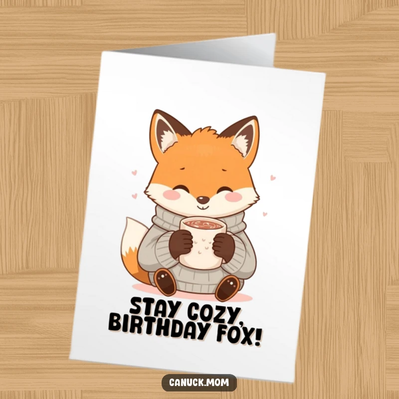 Funny Free Printable Birthday Card: Smiling fox wearing a cozy sweater, happily sipping hot cocoa, radiating warmth.
