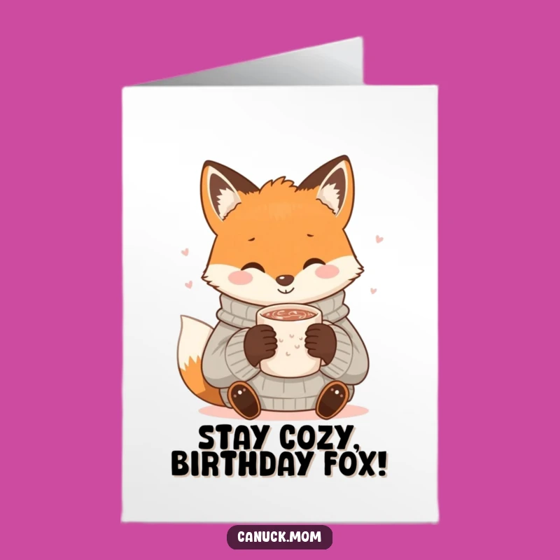 Free Printable Birthday Card: Cozy Fox Cocoa, Downloadable DIY Warmth