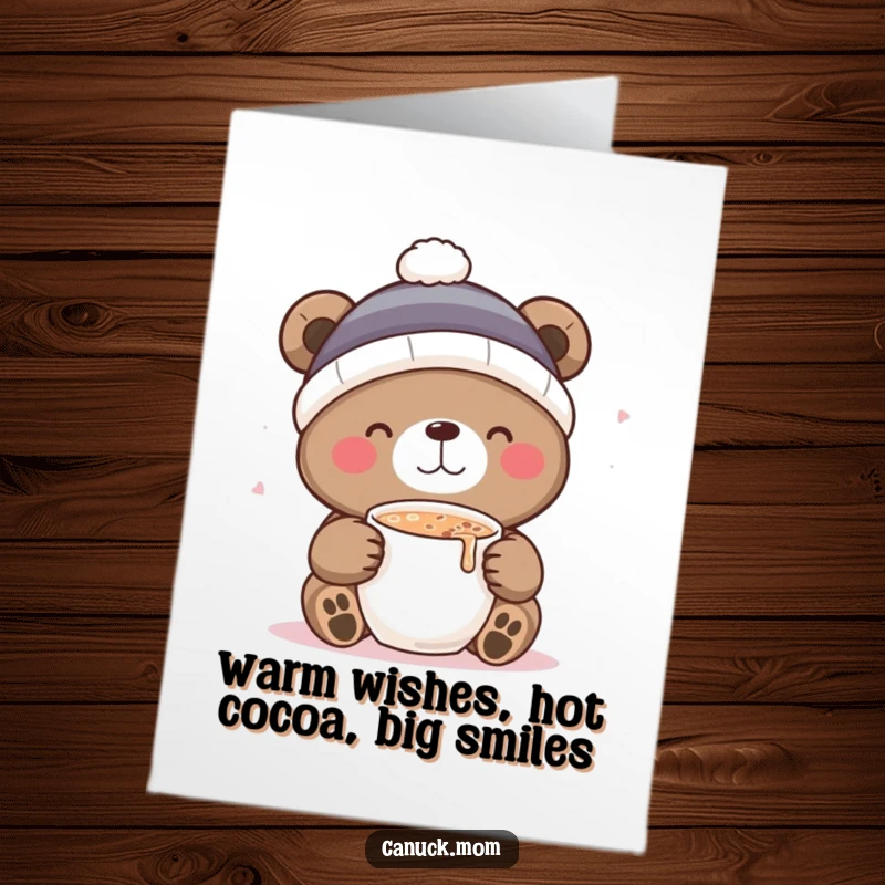 Funny Free Printable Birthday Card featuring a cute bear in a toque, joyfully sipping hot cocoa, perfect for a cozy celebration.