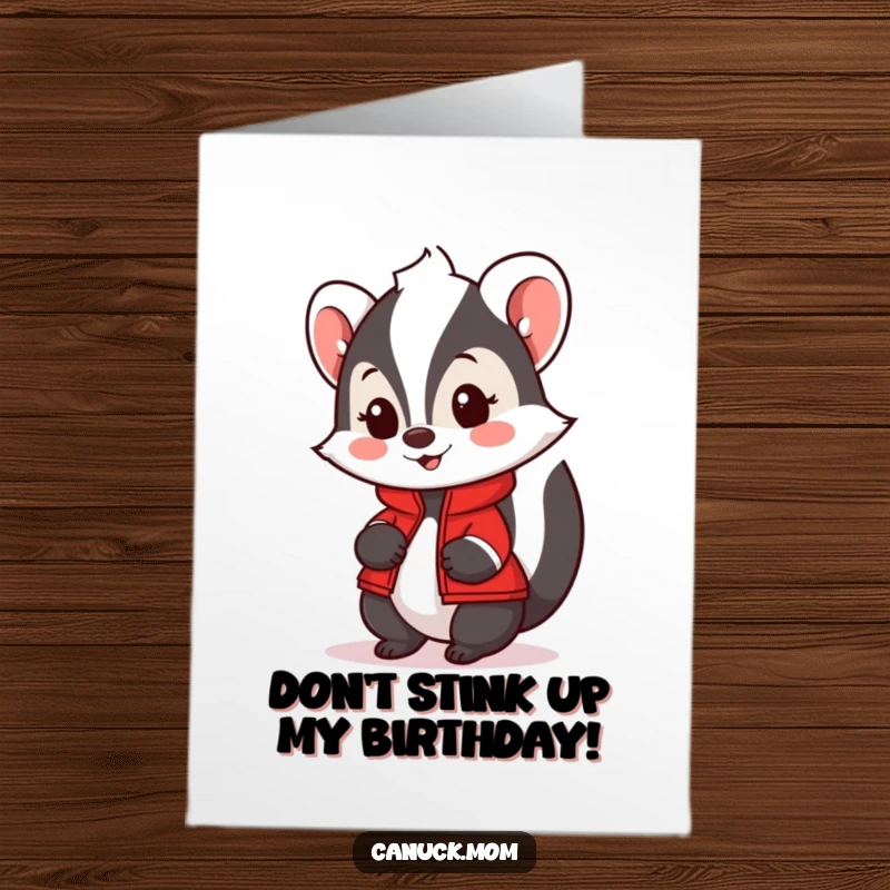 Funny Free Printable Birthday Card: A happy skunk in a tiny red jacket offers a friendly greeting.