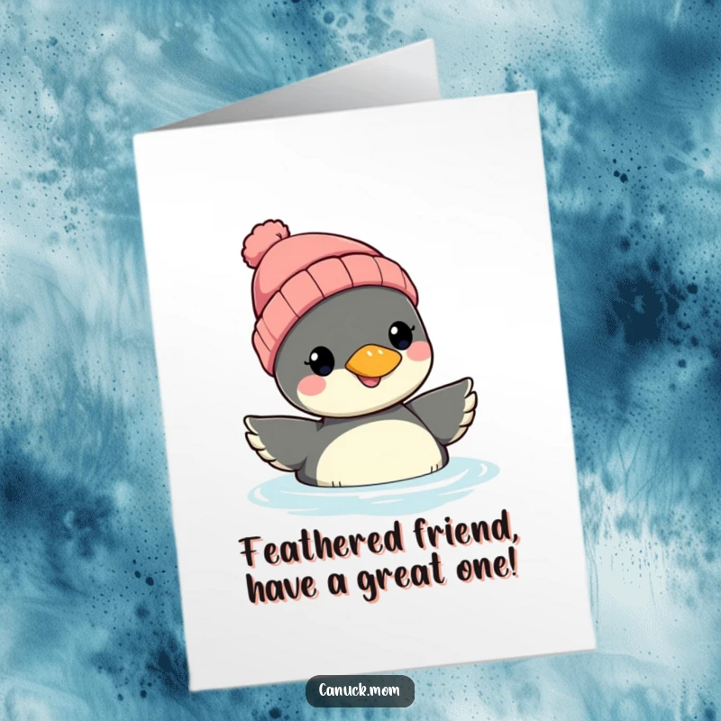 Funny Free Printable Birthday Card: Smiling loon wearing a beanie floating serenely, ready to deliver birthday cheer.