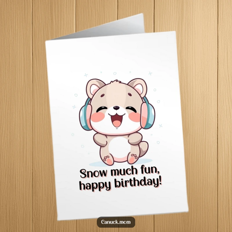 Funny Free Printable Birthday Card: Chubby animal in earmuffs joyfully catching snowflakes, winter laughter. Perfect DIY greeting.