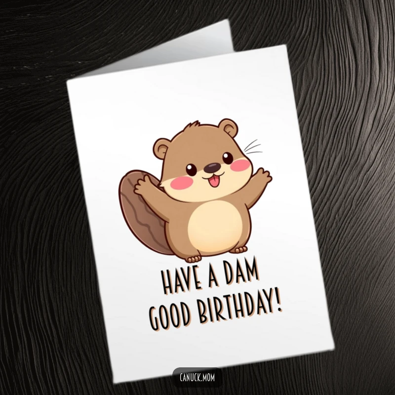 Funny free printable birthday card of a happy animal with a beaver tail waving enthusiastically, full of birthday cheer.