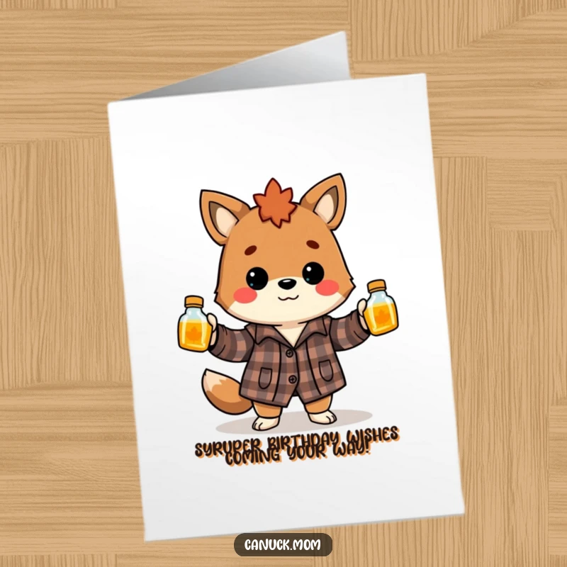 Funny Free Printable Birthday Card: Canadian animal in flannel juggles maple syrup, celebrating with sticky, hilarious birthday cheer.