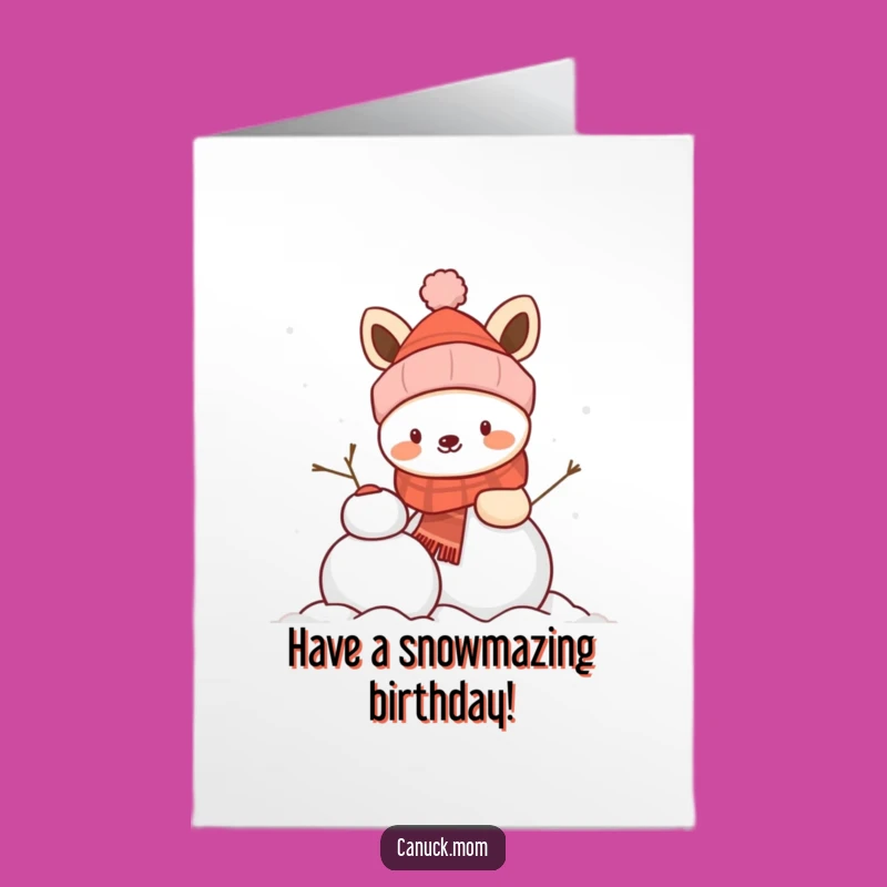 Free Printable Funny Birthday Card: Snowman Building Animal Winter Fun