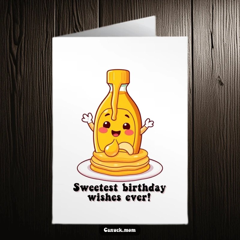 Funny Free Printable Birthday Card: Cheerful maple syrup bottle character pouring syrup with a smile onto pancakes.