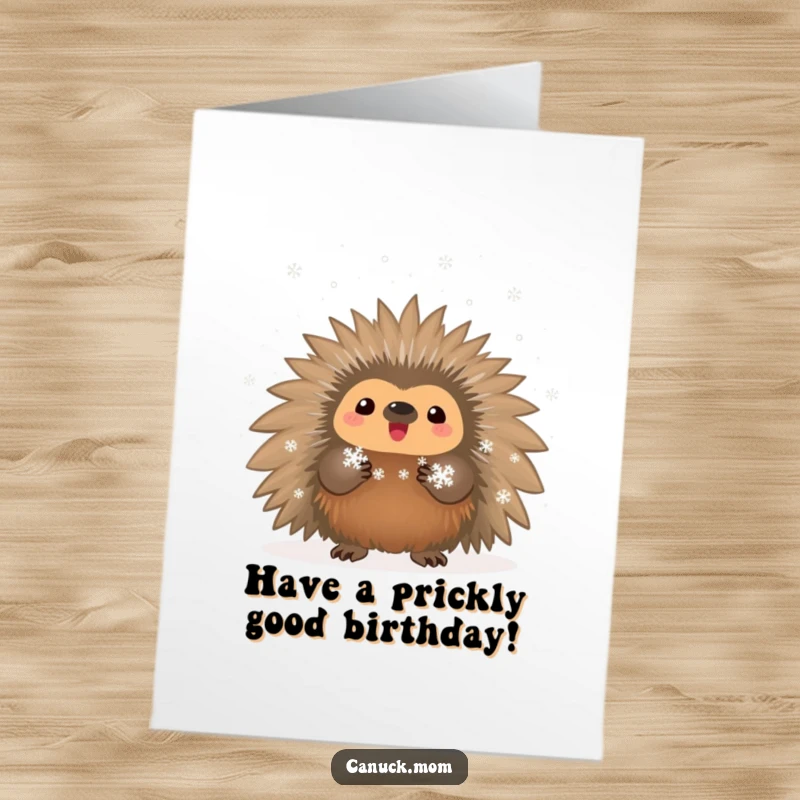 Funny Free Printable Porcupine Birthday Card: A proud porcupine displays tiny snowflakes, wishing a cool birthday.