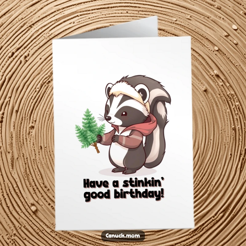 Funny free printable birthday card featuring a skunk in a parka, humorously presenting a bouquet of tiny pine trees.