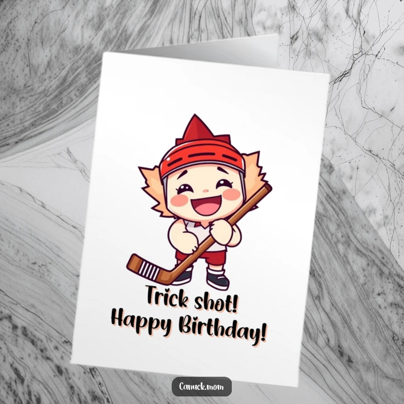 Funny Free Printable Birthday Card: A cheerful maple leaf character with a huge grin tightly hugs a hockey stick, ready to play.