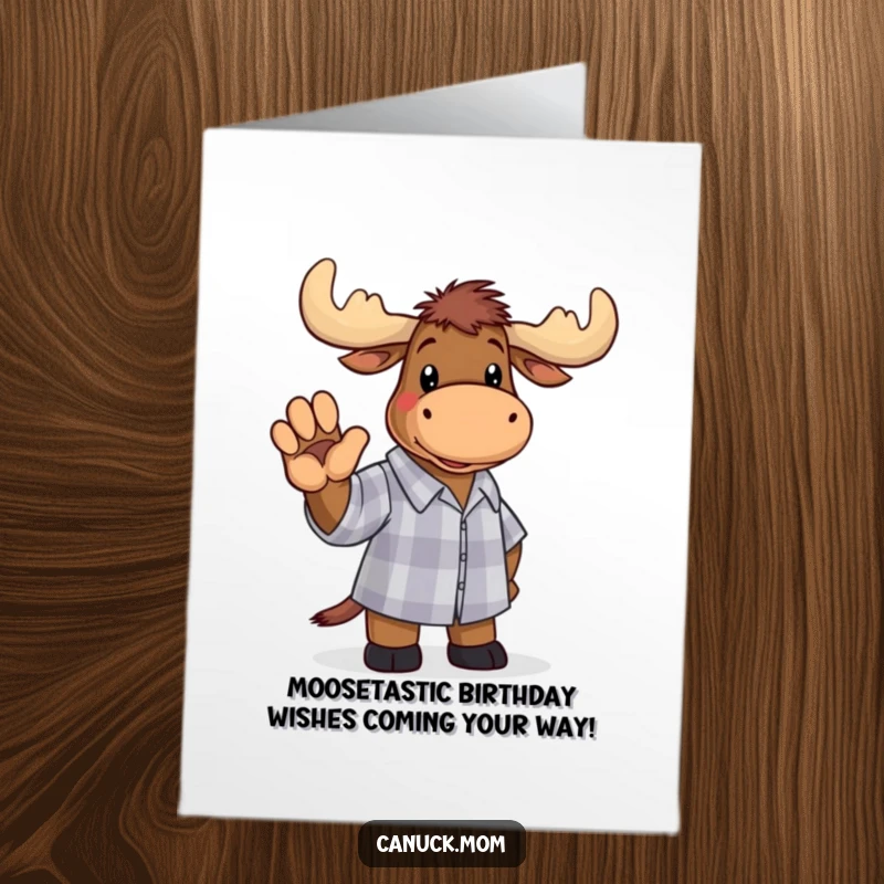 Funny Free Printable birthday card featuring a moose in a checkered shirt, gleefully waving hello for a joyous celebration.