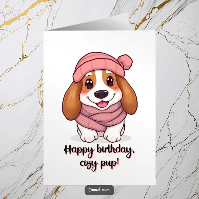 Funny Free Printable Birthday Card: A Basset Hound bundled in a scarf and toque smiles warmly, wishing you a happy birthday.