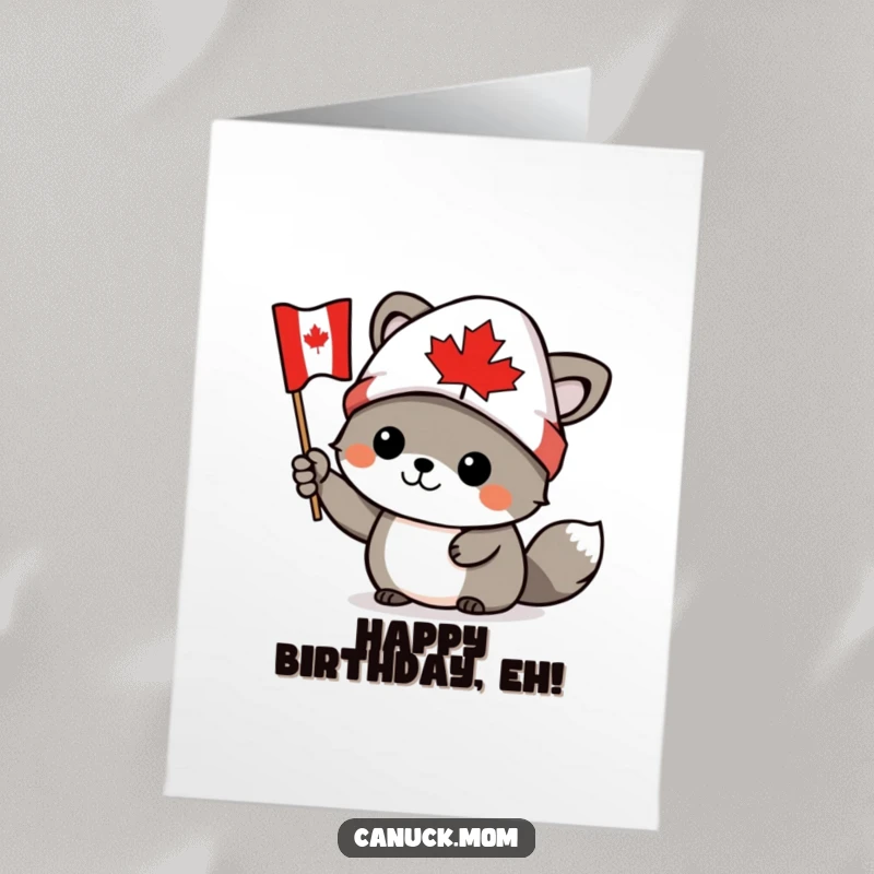 Funny Free Printable Birthday Card: Canadian animal wears a toque and waves a tiny Canadian flag.