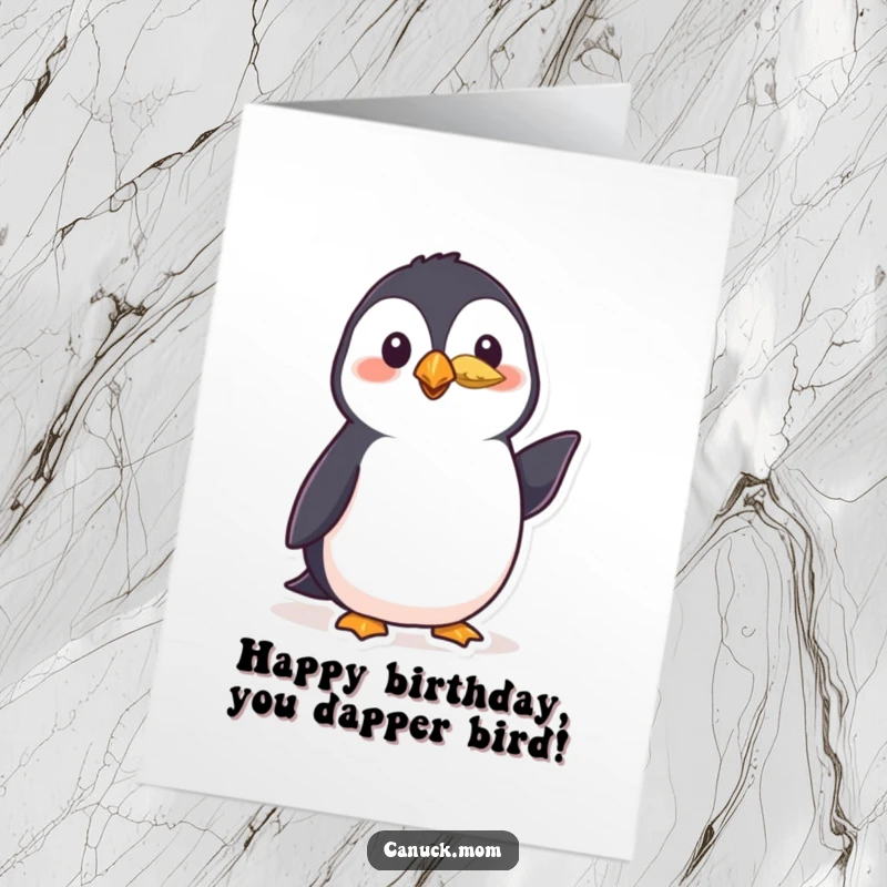 Funny Free Printable Birthday Card: A polite puffin wearing a small feather, offering a friendly nod and wishing a happy birthday.