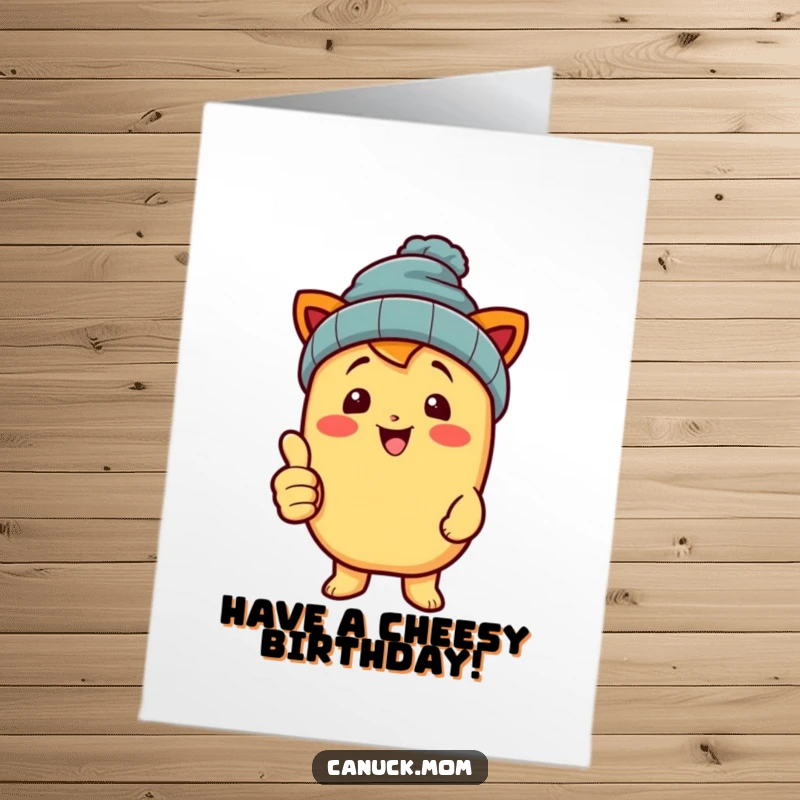 Funny Free Printable Birthday Card: Happy poutine character in a beanie giving a thumbs up, celebrating a birthday.