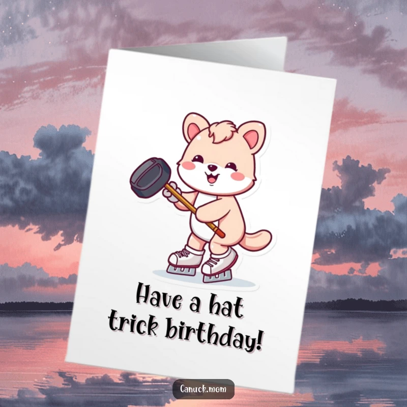 Funny Free Printable Birthday Card: Animal on skates with puck and stick, joyfully celebrating a birthday with energetic flair.