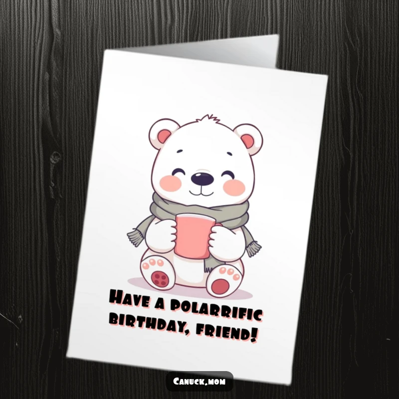 Funny Free Printable Birthday Card: A smiling polar bear in a scarf holds a warm mug, wishing happy birthday with icy charm.
