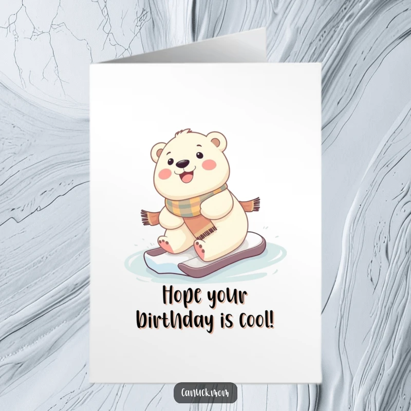 Funny Free Printable Birthday Card: Cute kawaii baby polar bear in scarf happily sliding on ice, looking joyful.