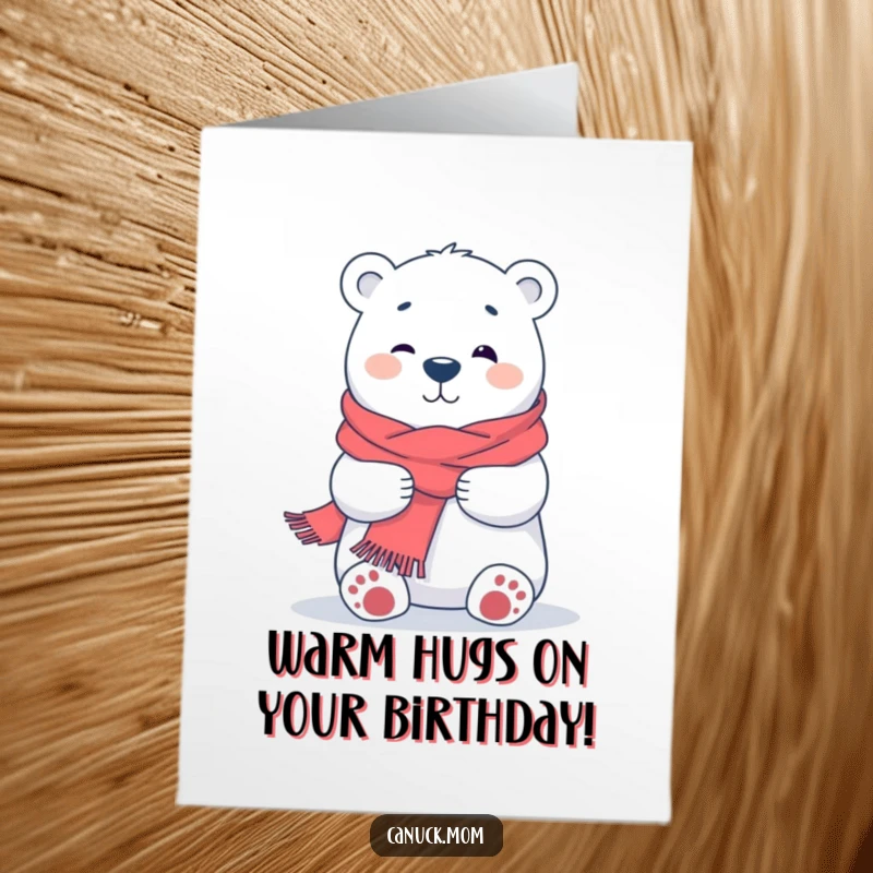 Funny free printable birthday card featuring a cheerful polar bear in a cozy scarf, offering a big, heartwarming hug.