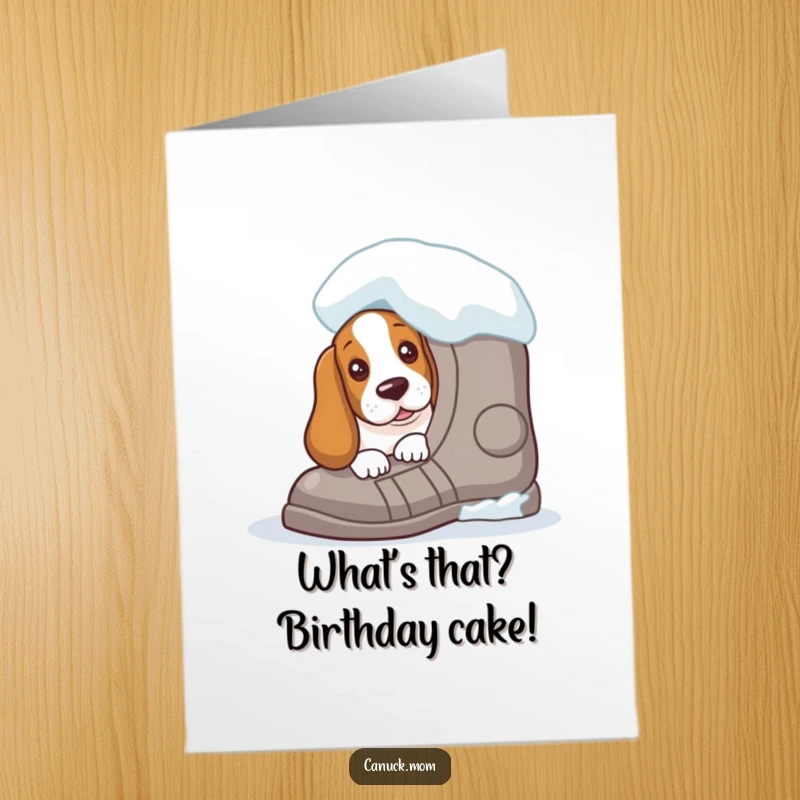 Funny Free Printable Birthday Card: Curious Basset Hound peeking from behind a giant snowshoe with wide eyes.