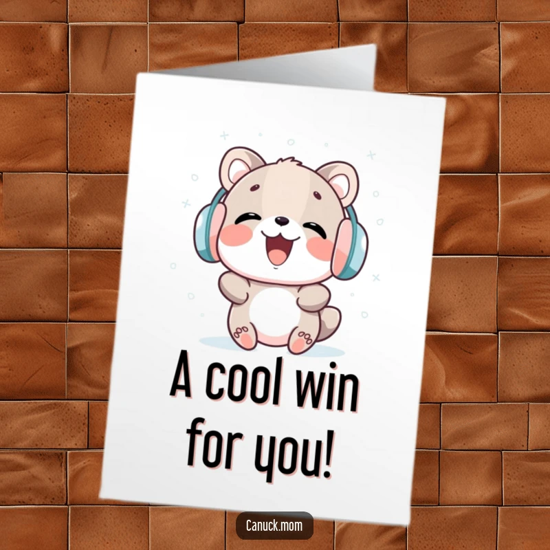 Funny Free Printable Congrats Card: Cheerful animal in earmuffs catching snowflakes, celebrating success with snowy glee. DIY.