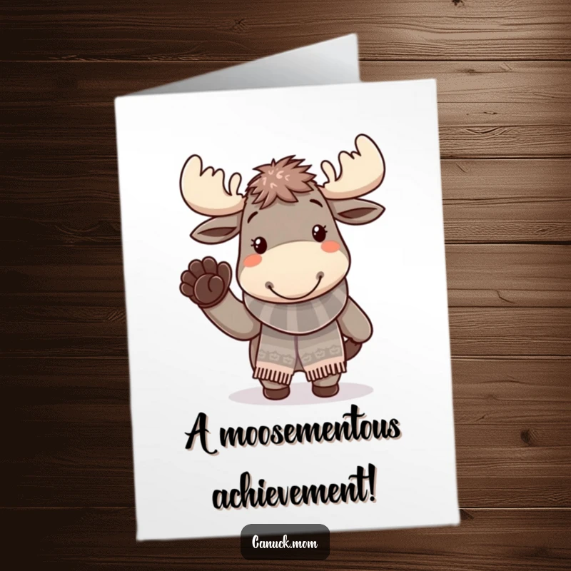 Funny Free Printable Congratulations Card: Cheerful moose wearing a knitted scarf, waving a paw happily, perfect for a downloadable gift.
