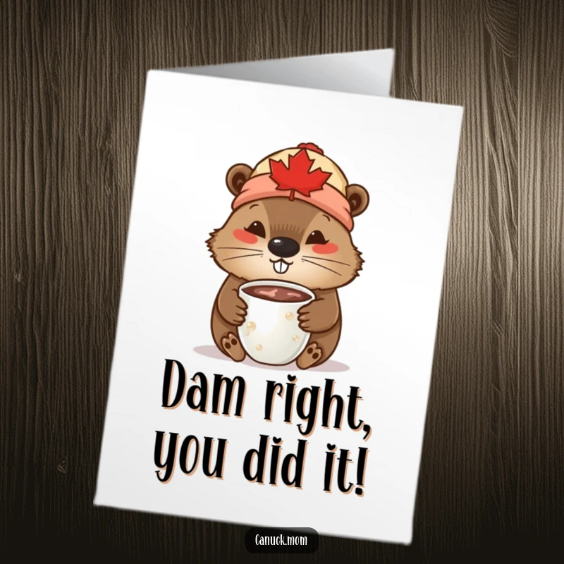 Funny free printable congratulations card: Beaver wearing a toque with maple leaf sips hot chocolate, festive and Canadian downloadable art.