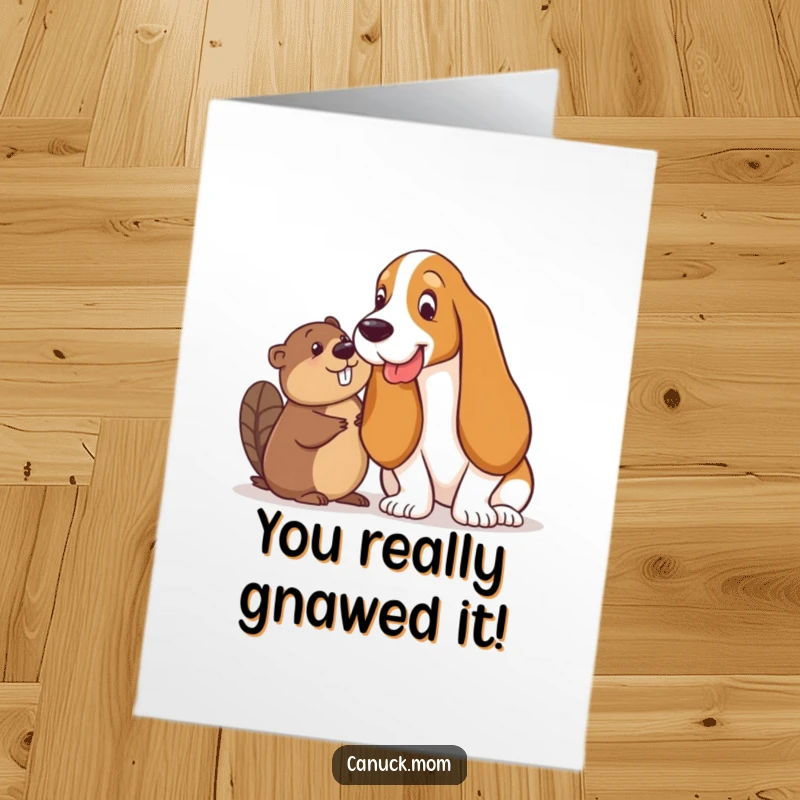 Funny Free Printable Congratulations Card: Basset Hound and beaver exchange mischievous, playful glances.