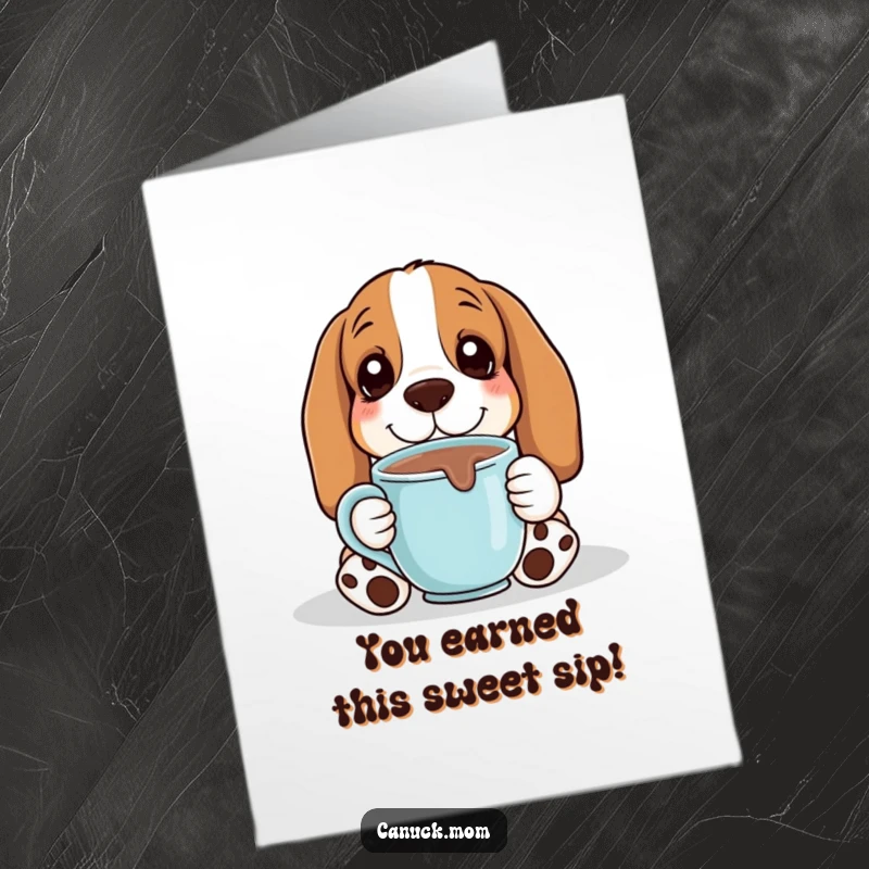 Funny Free Printable Congratulations Card: Basset Hound Enjoying Hot Chocolate, Cozy and Content Vibes