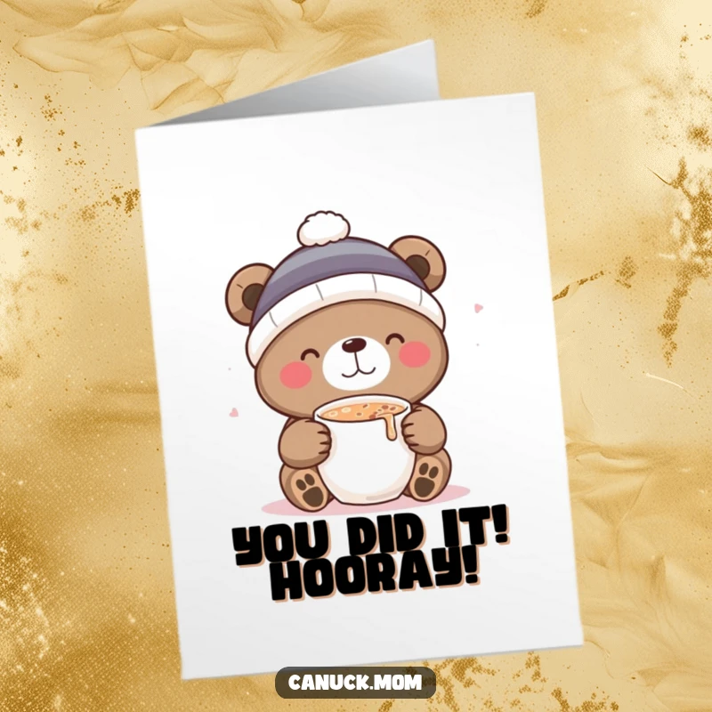 Funny Free Printable Congratulations Card: A cute bear wearing a toque savoring hot cocoa, conveying warm wishes and joy.