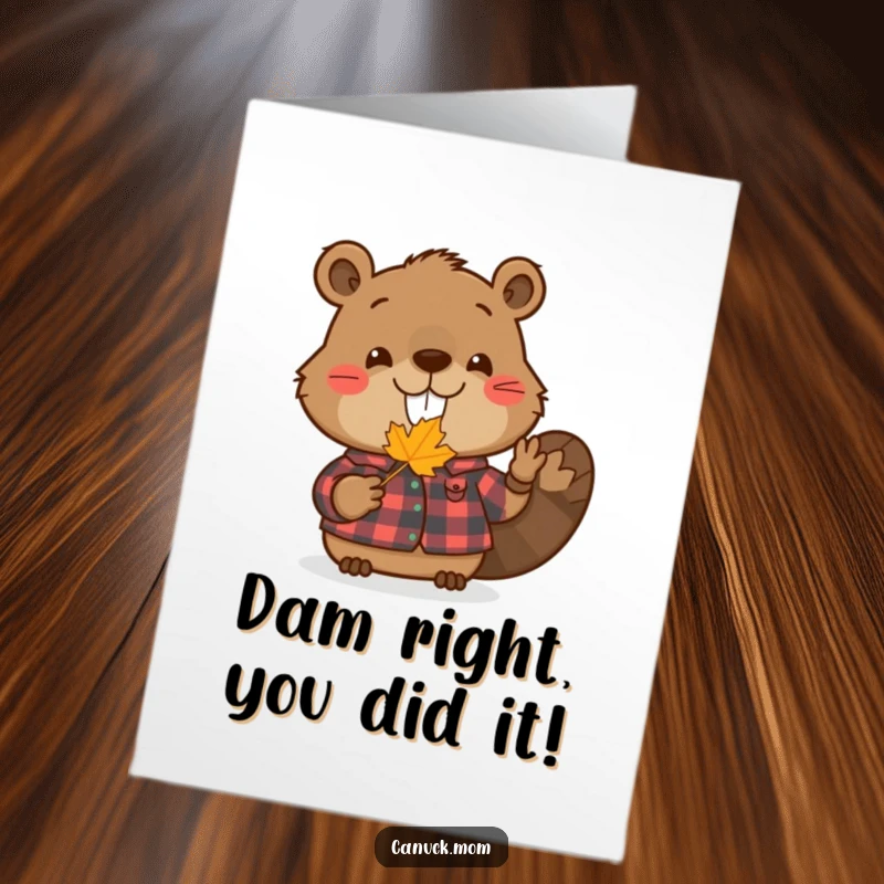 Funny Free Printable Congrats Card: A happy beaver in a flannel shirt proudly presents a tiny maple leaf, symbolizing a sweet success.