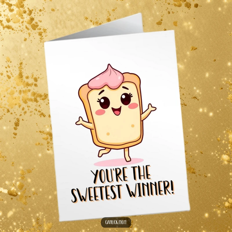 Funny Free Printable Congratulations Card: A butter tart character joyfully doing a jig, arms raised in celebration.