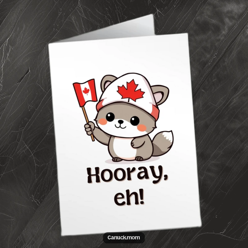 Funny Free Printable Congrats Card: Canadian animal character in a toque waves a small flag enthusiastically.