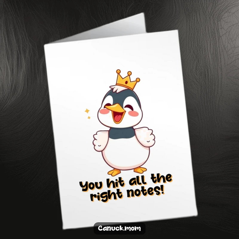 Funny Free Printable Congrats Card: A crowned loon belts out a tune, celebrating your amazing achievement.