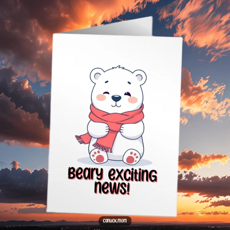 Funny free printable congratulations card with a friendly polar bear wearing a scarf, extending a warm and comforting hug.
