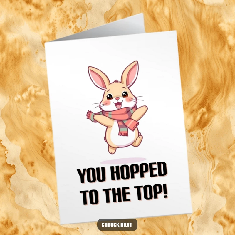 Funny Free Printable Congratulations Card featuring an excited snowshoe hare in a scarf, hopping with joy to celebrate achievements.