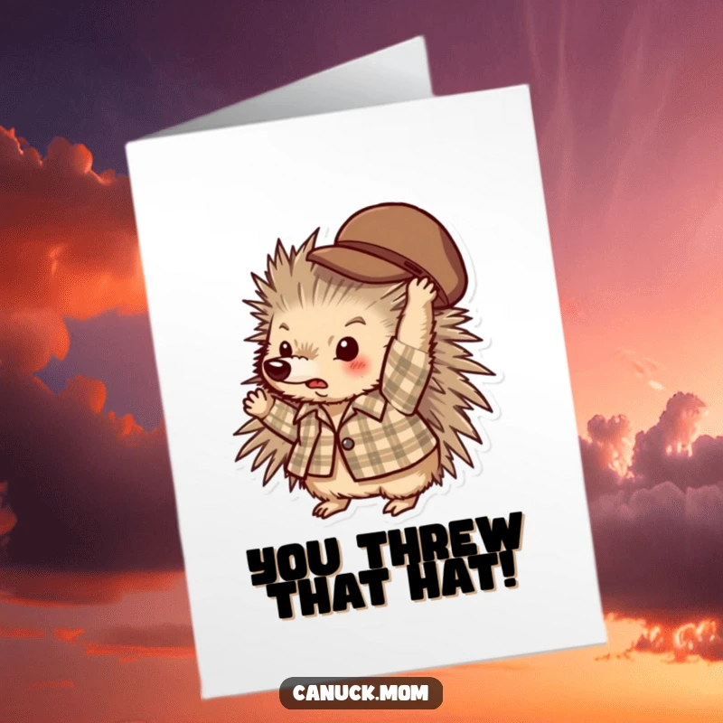 Funny Free Printable Congratulations Card: Porcupine in plaid shirt tossing a hat, celebrating a special occasion with excitement.