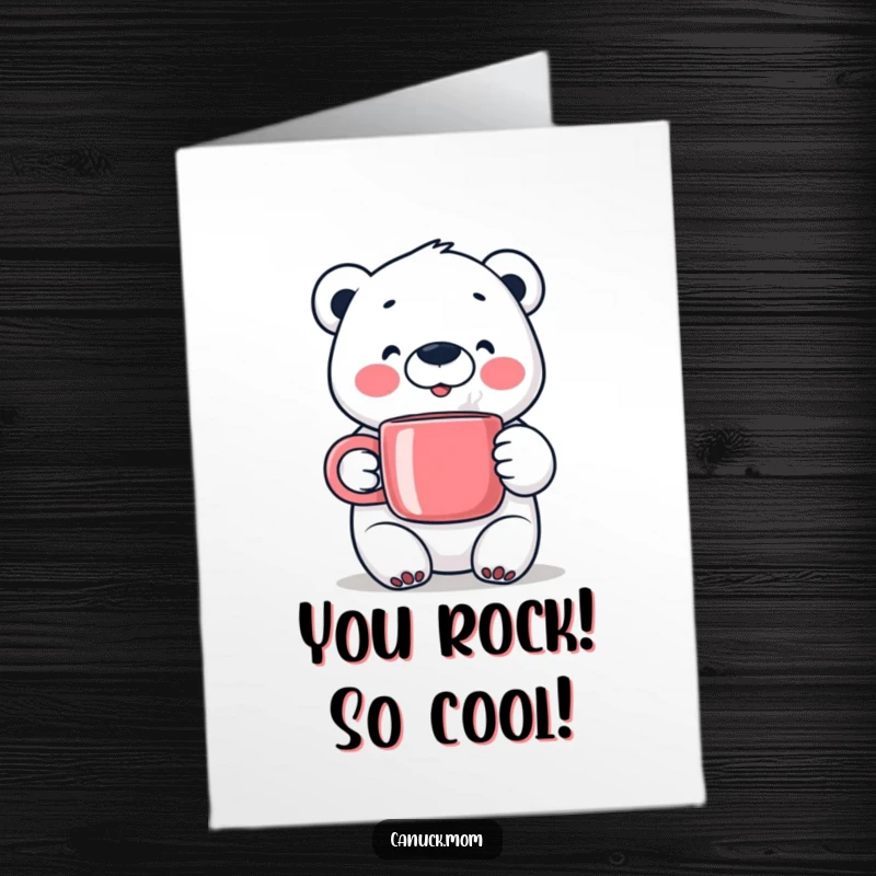 Funny Free Printable Congratulations Card: A happy polar bear holding a warm mug, celebrating achievements with a content expression.