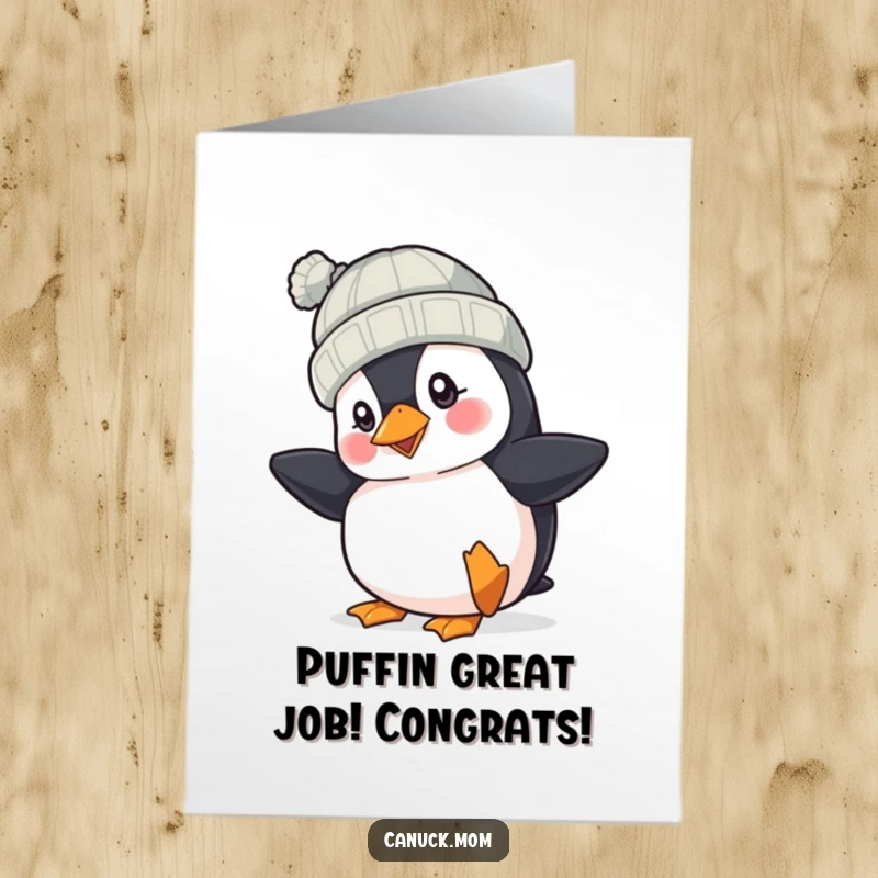 Funny Free Printable Congratulations Card: Cheerful puffin with a knit hat, enthusiastically tapping its foot to celebrate.