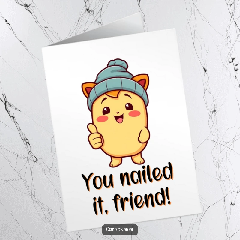 Funny Free Printable Congratulations Card: Happy poutine character wearing a beanie giving a thumbs up, celebrating a victory.
