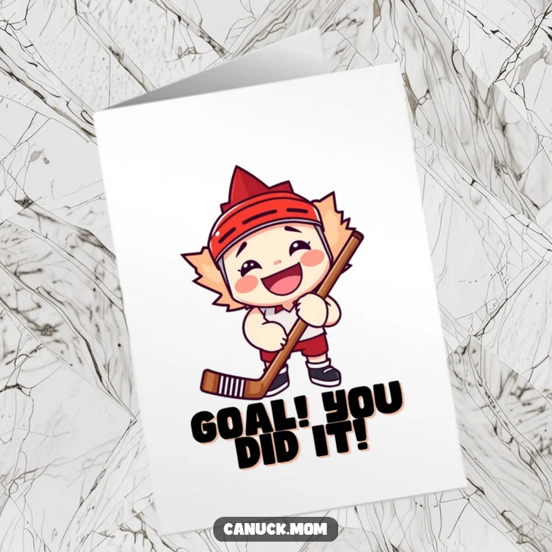 Funny Free Printable Congratulations Card: A happy maple leaf character grinning widely while hugging a hockey stick, cheering for success.